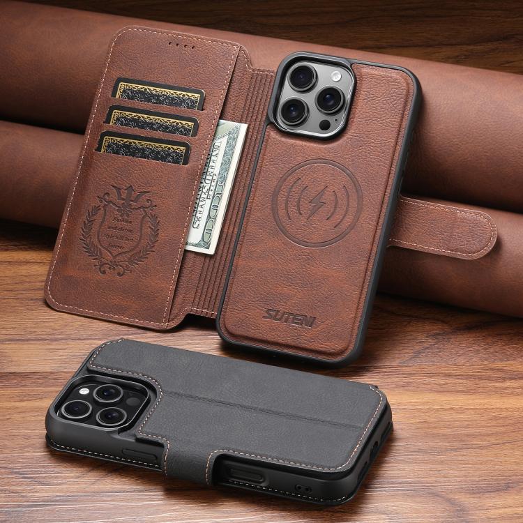 For iPhone 16 Pro Suteni Q05 2-in-1 Multi-function MagSafe Wallet Litchi Leather Phone Case(Brown) by Suteni