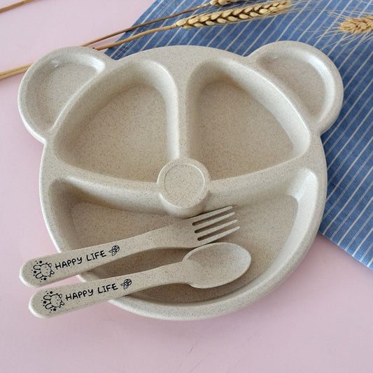 3 PCS/Set Baby Bowl+Spoon+Fork Feeding Food Tableware Cartoon Bear Kids Dishes Eating Dinnerware(Beige Set) by bashfashion
