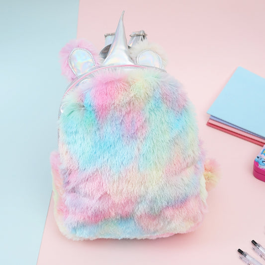 Unicorn Backpack Bag For Teenager Colorful Fur Leather Schoolbag Female Travel Shoulder Bag(Colour) by bashfashion