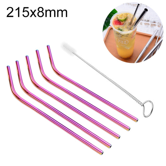 5pcs Reusable Stainless Steel Bent Drinking Straw + Cleaner Brush Set Kit, 215*8mm(Colour) by bashfashion