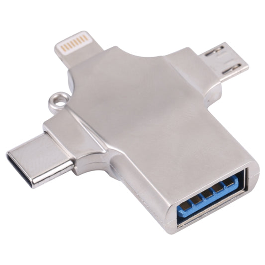 4 in 1 8 Pin + Micro USB + USB-C / Type-C to USB Metal Card Reader by bashfashion