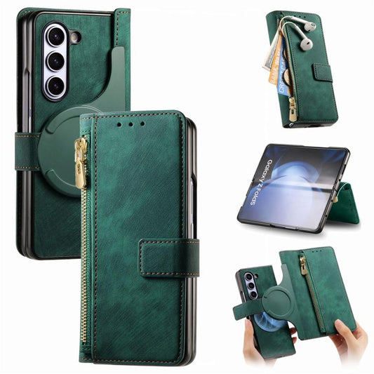 For Samsung Galaxy Z Fold5 5G Retro MagSafe Magnetic Zipper Wallet Leather Phone Case(Green) by bashfashion