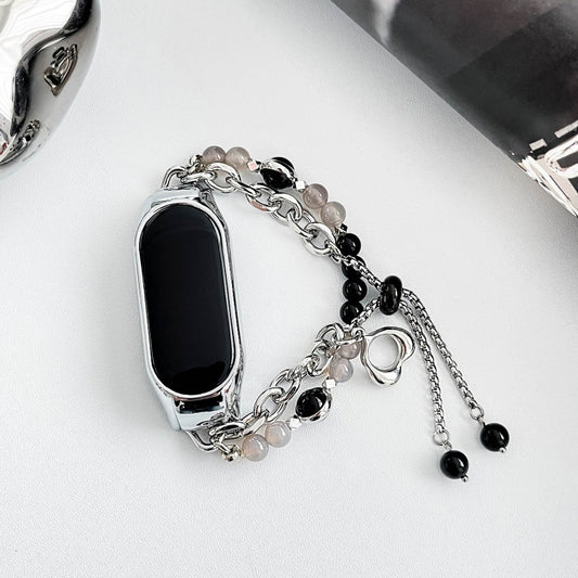 For Xiaomi Mi Band 5 / 6 Crystal Beaded Onyx Watch Band(Silver+Black Pearl) by bashfashion