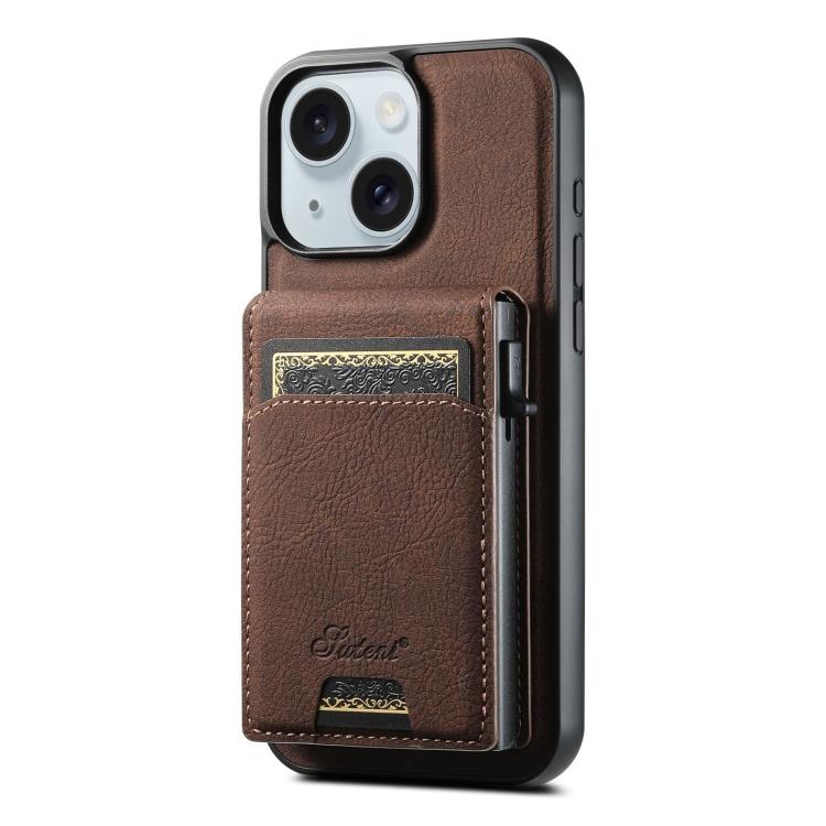 For iPhone 15 Plus Suteni H19 Litchi Grain 2-in-1 MagSafe Removable Card Box Back Phone Case(Brown) by Suteni