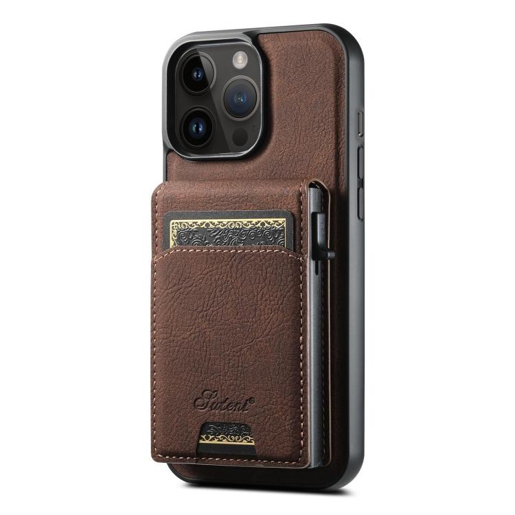 For iPhone 14 Pro Max Suteni H19 Litchi Grain 2-in-1 MagSafe Removable Card Box Back Phone Case(Brown) by Suteni