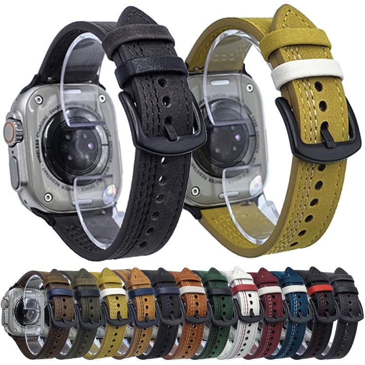 For Apple Watch 42mm / 41mm / 40mm / 38mm 7-Line Tri-Star Buckle Pull Up Leather Watch Band(Black Blue Thread) by bashfashion