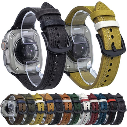 For Apple Watch 46mm / 49mm / 45mm / 44mm 7-Line Tri-Star Buckle Pull Up Leather Watch Band(Crazy Horse Army Green Black Thread) by bashfashion