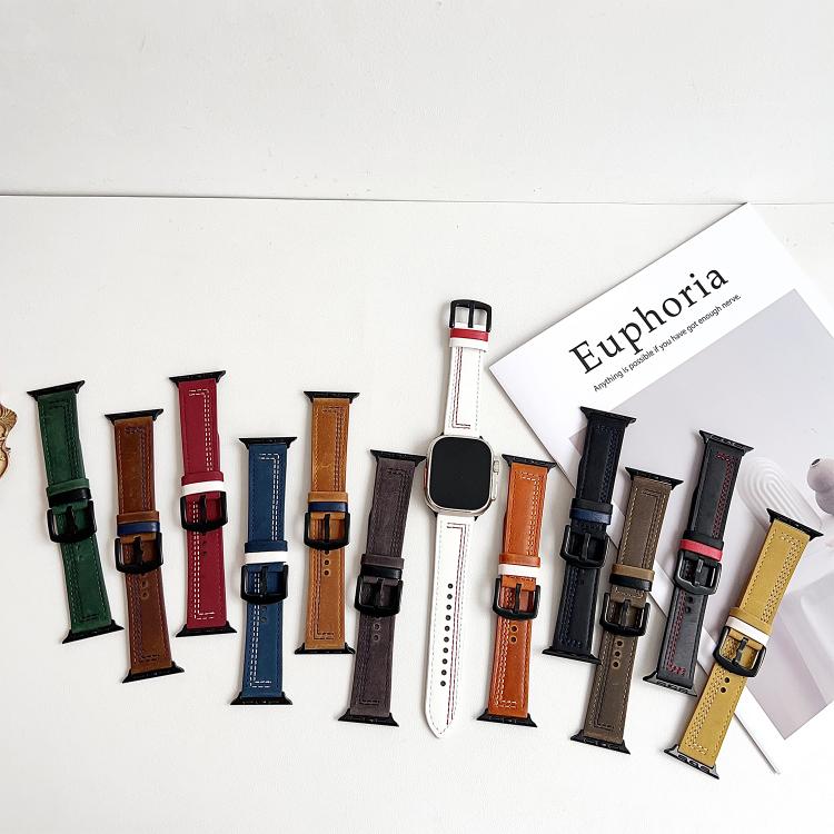 For Apple Watch 42mm / 41mm / 40mm / 38mm 7-Line Tri-Star Buckle Pull Up Leather Watch Band(Burgundy White Thread) by bashfashion