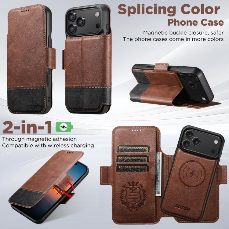 For iPhone 17 Pro Max Suteni Q06 2-in-1 Multi-function Detachable Wallet MagSafe Phone Case(Brown) by Suteni